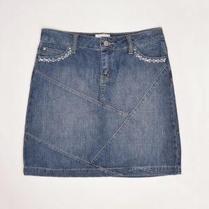 White House Black Market denim rhinestones patchwork mini skirt